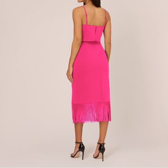 Adrian by Adrianna Papell Crepe Popover Midi Dress Fringe Trim Lipstick Sz 4 - Picture 4 of 7